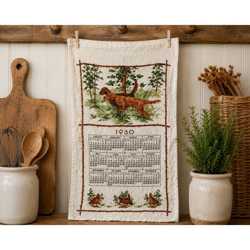 Vintage 1960 Linen Calendar Tea Towel Hunting Dog Irish Setter Woodland Kitchen